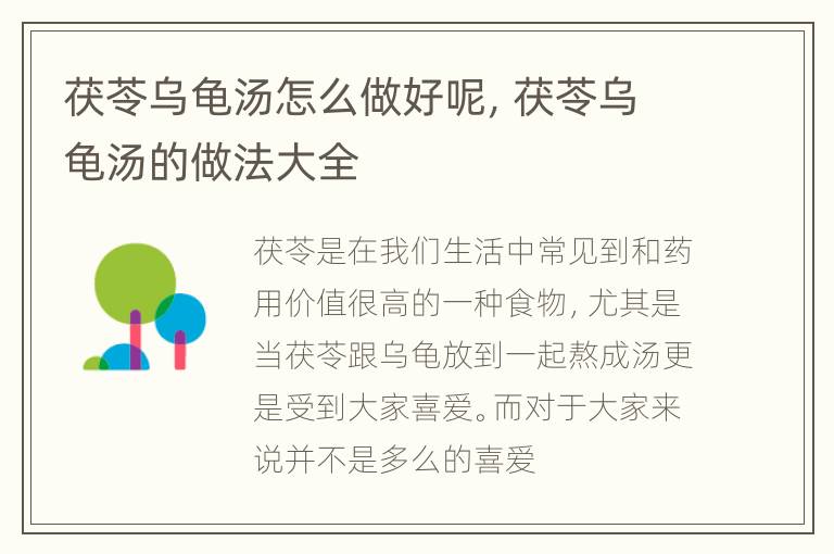 茯苓乌龟汤怎么做好呢，茯苓乌龟汤的做法大全
