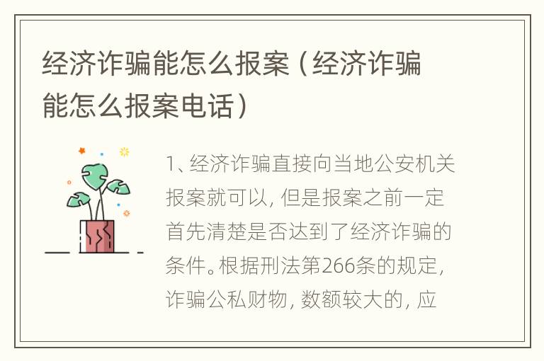 经济诈骗能怎么报案（经济诈骗能怎么报案电话）