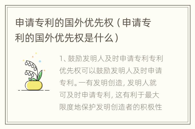 申请专利的国外优先权（申请专利的国外优先权是什么）