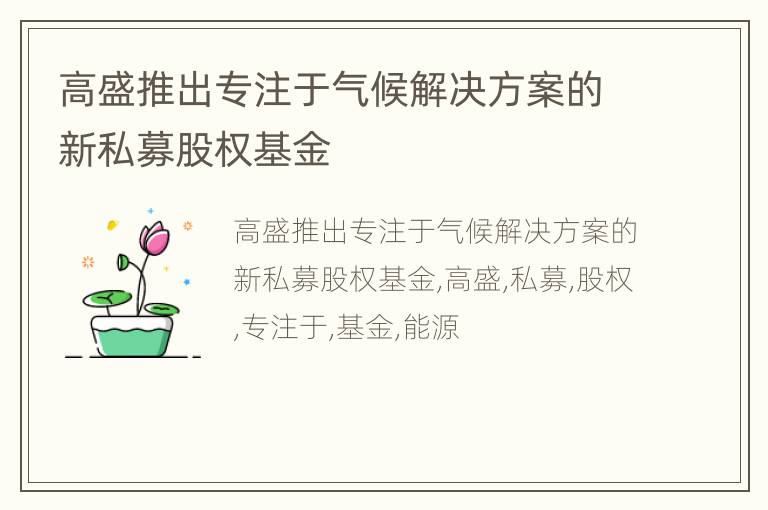 高盛推出专注于气候解决方案的新私募股权基金