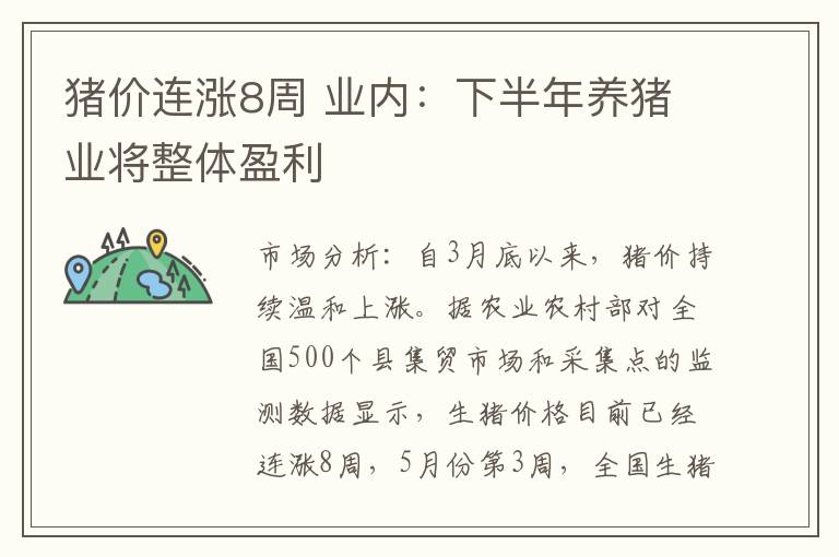 猪价连涨8周 业内：下半年养猪业将整体盈利