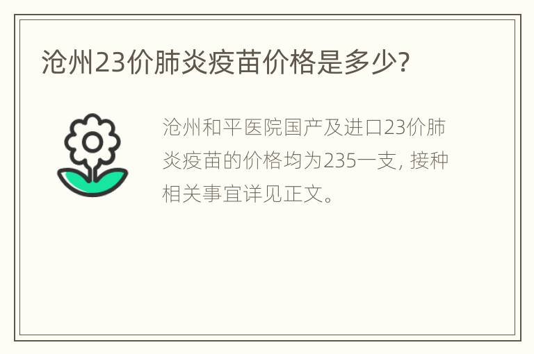 沧州23价肺炎疫苗价格是多少?