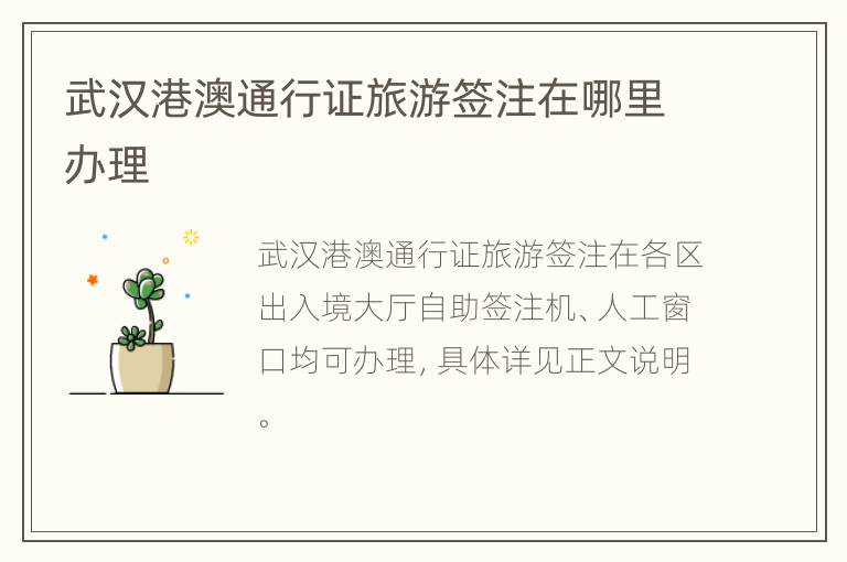武汉港澳通行证旅游签注在哪里办理