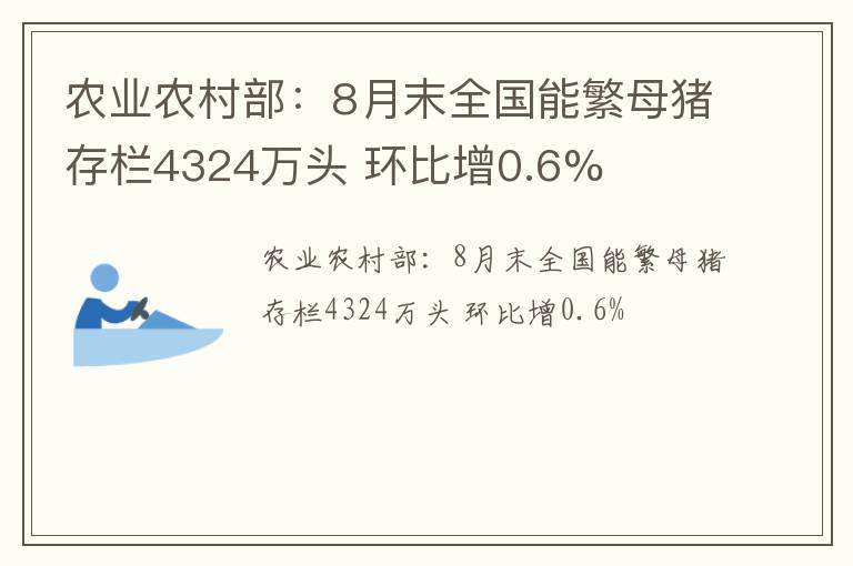 农业农村部：8月末全国能繁母猪存栏4324万头 环比增0.6%