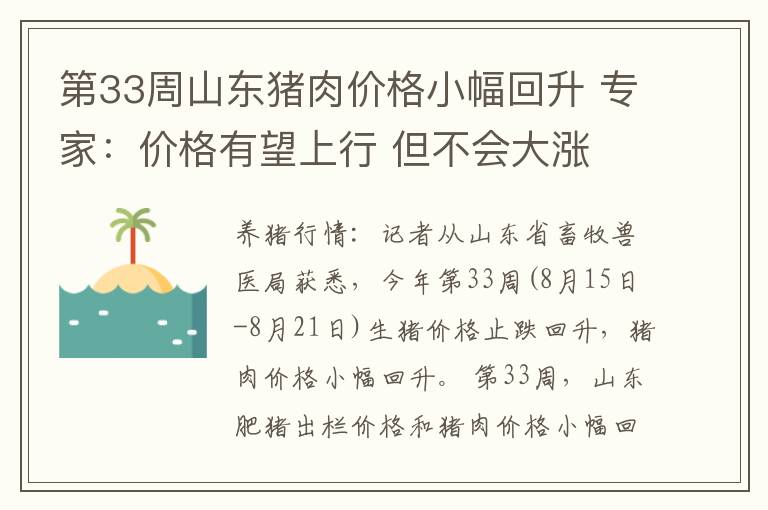 第33周山东猪肉价格小幅回升 专家：价格有望上行 但不会大涨
