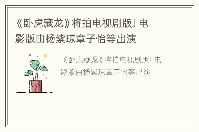 《卧虎藏龙》将拍电视剧版！电影版由杨紫琼章子怡等出演