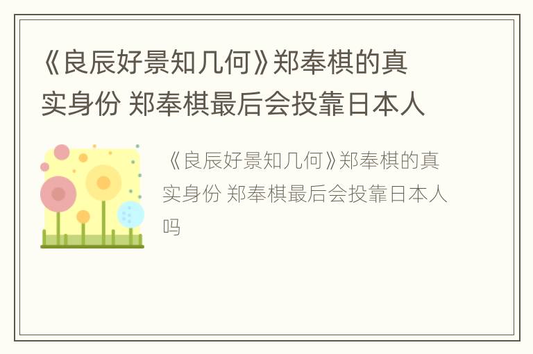 《良辰好景知几何》郑奉棋的真实身份 郑奉棋最后会投靠日本人吗