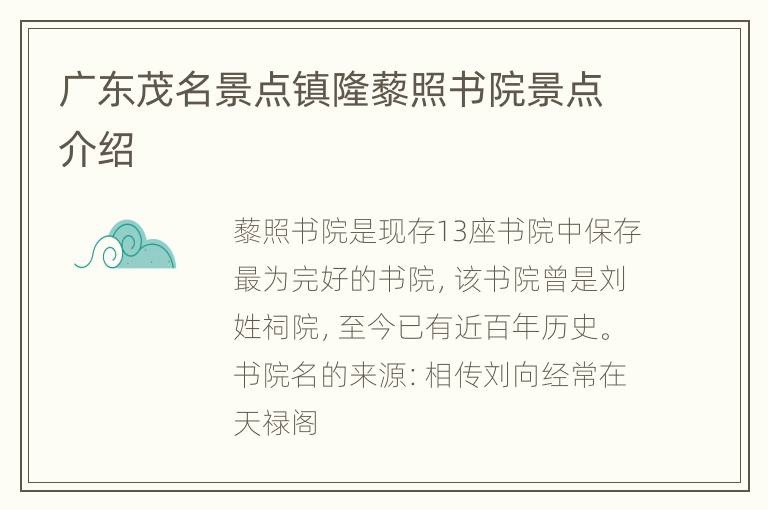 广东茂名景点镇隆藜照书院景点介绍