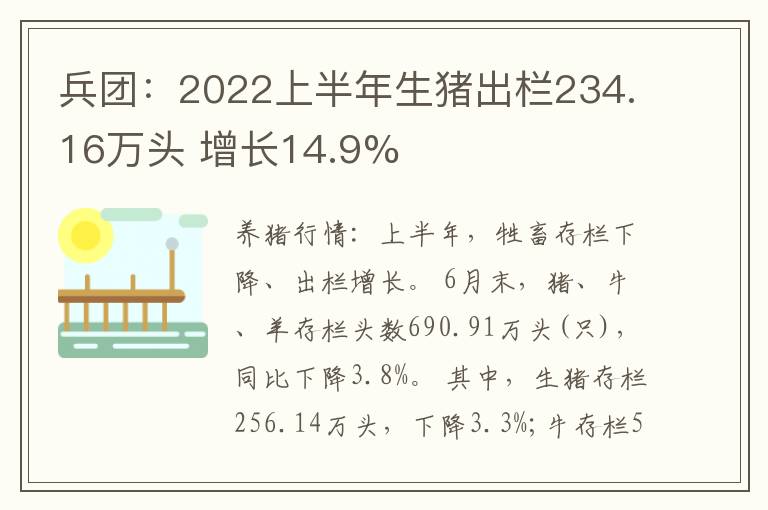 兵团：2022上半年生猪出栏234.16万头 增长14.9%