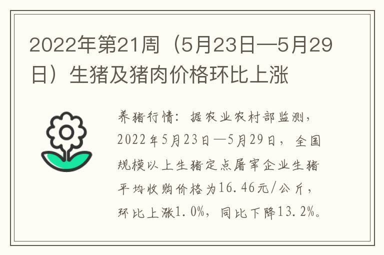 2022年第21周（5月23日—5月29日）生猪及猪肉价格环比上涨