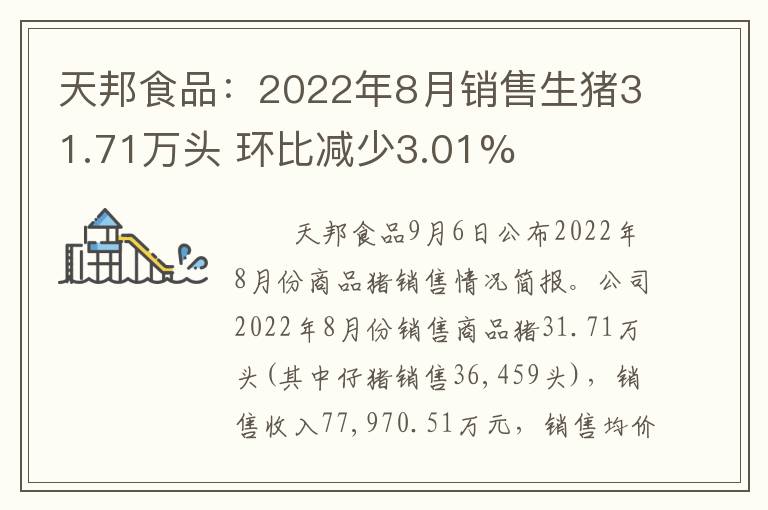天邦食品：2022年8月销售生猪31.71万头 环比减少3.01%