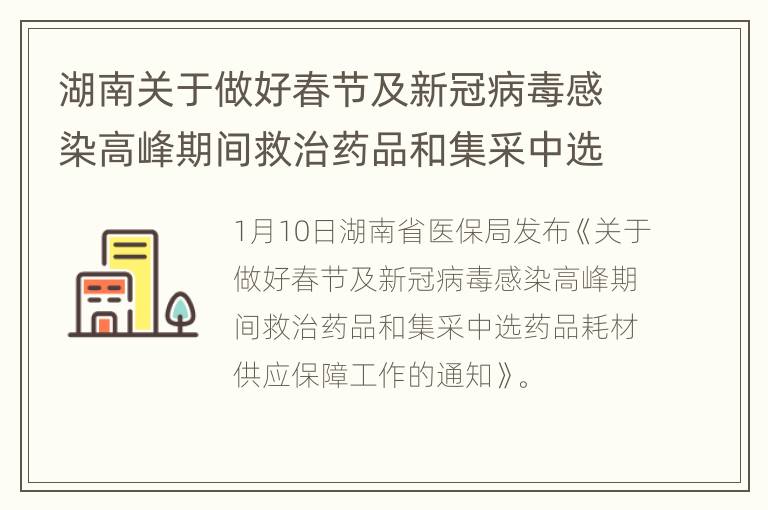 湖南关于做好春节及新冠病毒感染高峰期间救治药品和集采中选药品耗材供应保障工作的通知