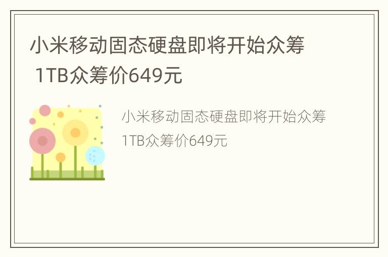 小米移动固态硬盘即将开始众筹 1TB众筹价649元