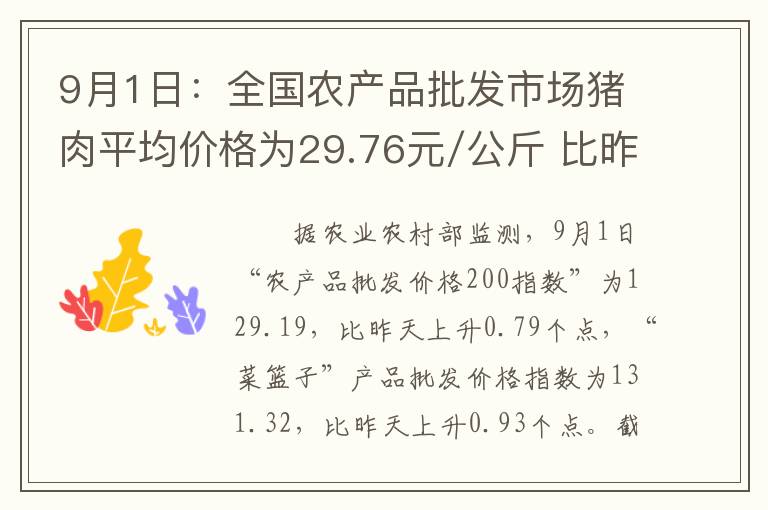 9月1日：全国农产品批发市场猪肉平均价格为29.76元/公斤 比昨天下