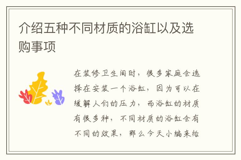 介绍五种不同材质的浴缸以及选购事项