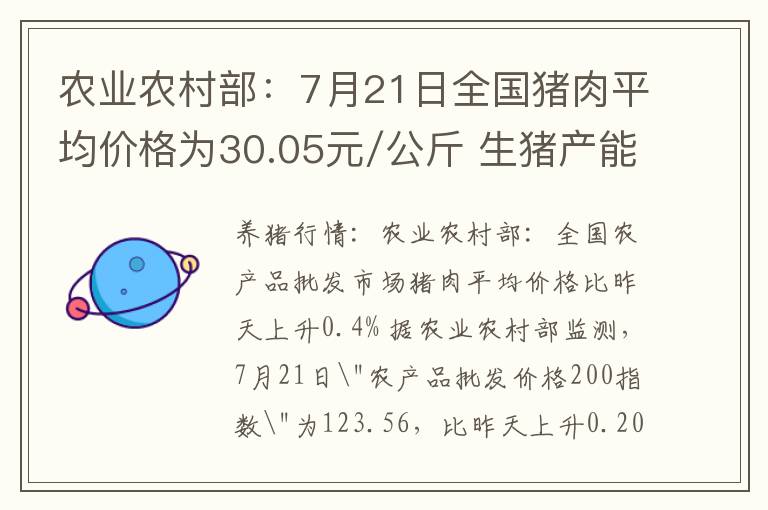 农业农村部：7月21日全国猪肉平均价格为30.05元/公斤 生猪产能处于