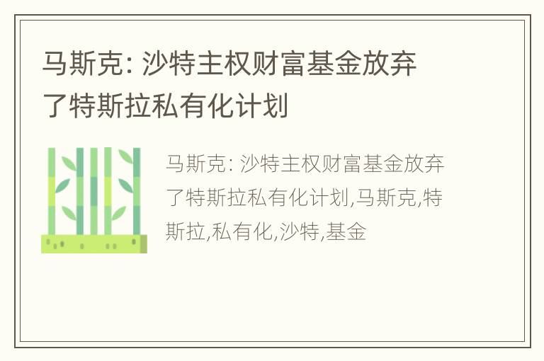 马斯克：沙特主权财富基金放弃了特斯拉私有化计划