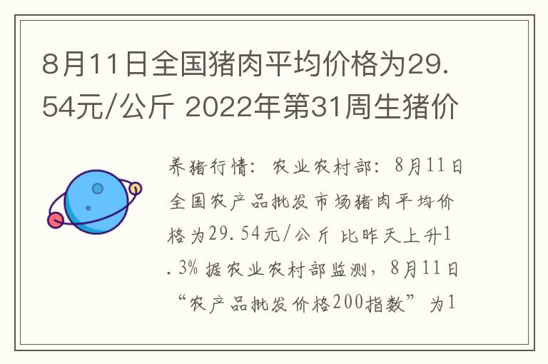 8月11日全国猪肉平均价格为29.54元/公斤 2022年第31周生猪价格环比