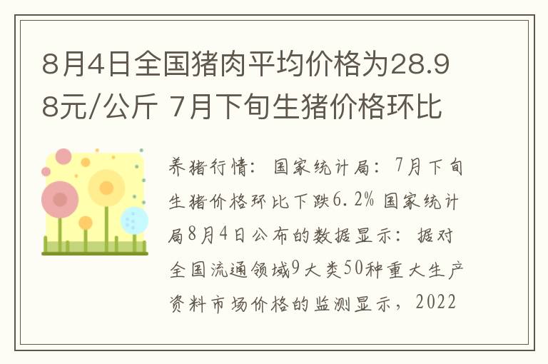 8月4日全国猪肉平均价格为28.98元/公斤 7月下旬生猪价格环比下跌6.