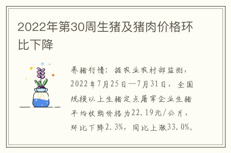 2022年第30周生猪及猪肉价格环比下降