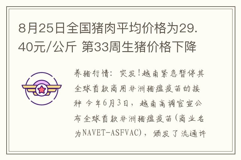 8月25日全国猪肉平均价格为29.40元/公斤 第33周生猪价格下降 猪肉