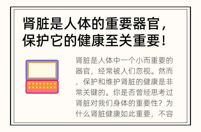 肾脏是人体的重要器官，保护它的健康至关重要！ 肾脏健康：为何不可忽视？