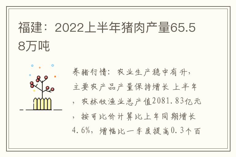 福建：2022上半年猪肉产量65.58万吨