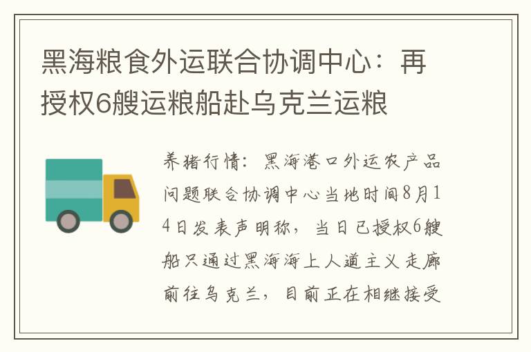 黑海粮食外运联合协调中心：再授权6艘运粮船赴乌克兰运粮