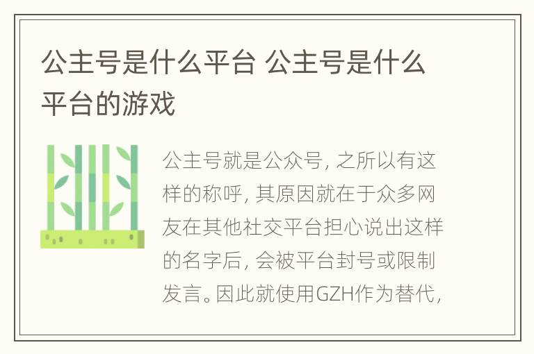 公主号是什么平台 公主号是什么平台的游戏