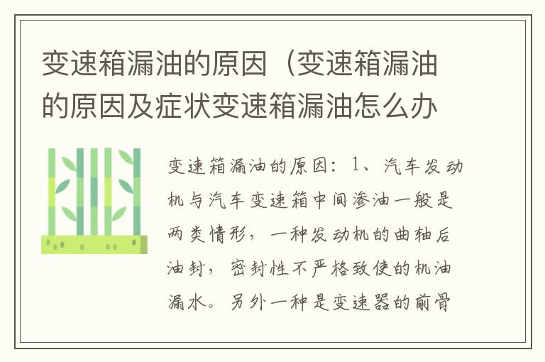 变速箱漏油的原因（变速箱漏油的原因及症状变速箱漏油怎么办）