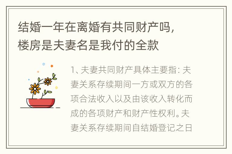 结婚一年在离婚有共同财产吗，楼房是夫妻名是我付的全款
