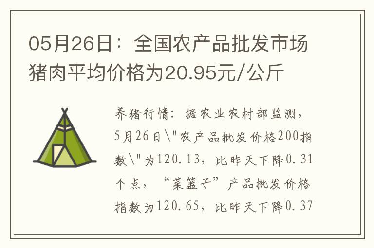 05月26日：全国农产品批发市场猪肉平均价格为20.95元/公斤
