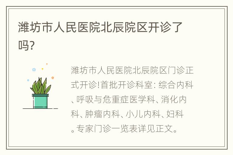 潍坊市人民医院北辰院区开诊了吗？