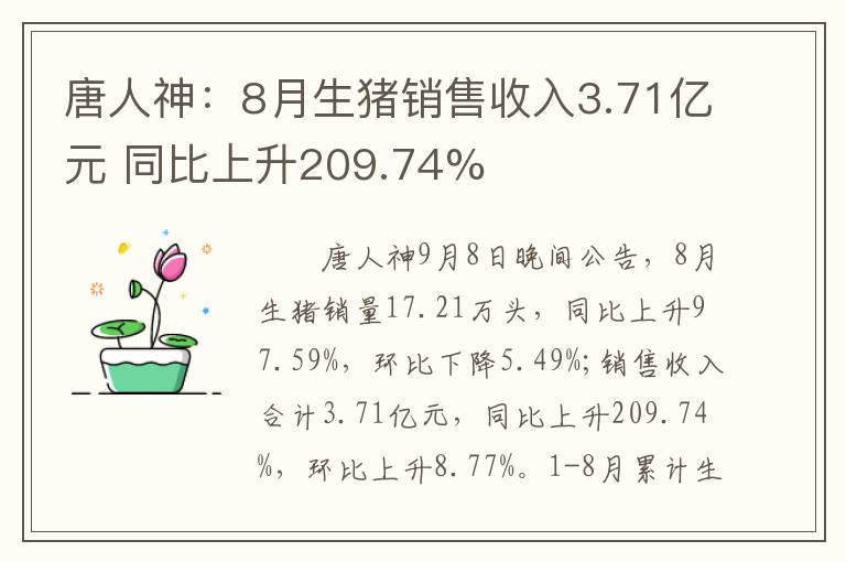 唐人神：8月生猪销售收入3.71亿元 同比上升209.74%