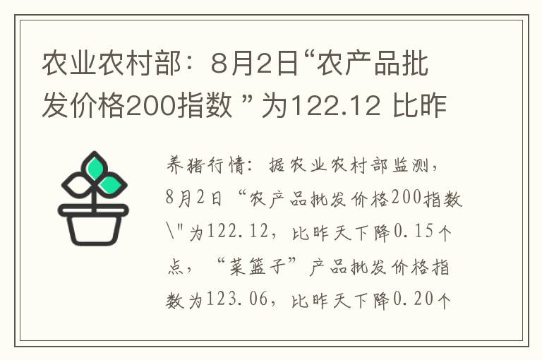农业农村部：8月2日“农产品批发价格200指数＂为122.12 比昨天下降