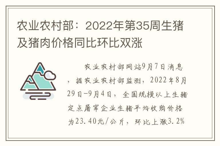 农业农村部：2022年第35周生猪及猪肉价格同比环比双涨