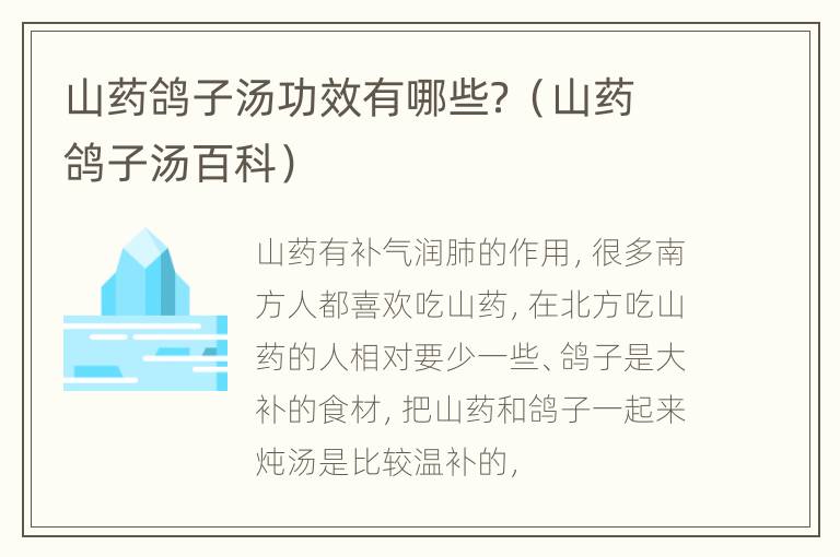 山药鸽子汤功效有哪些？（山药鸽子汤百科）