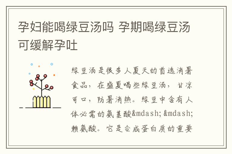 孕妇能喝绿豆汤吗 孕期喝绿豆汤可缓解孕吐