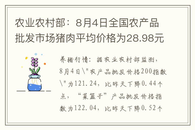 农业农村部：8月4日全国农产品批发市场猪肉平均价格为28.98元/公斤