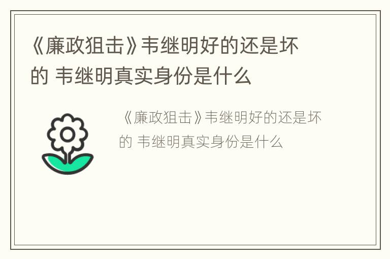 《廉政狙击》韦继明好的还是坏的 韦继明真实身份是什么