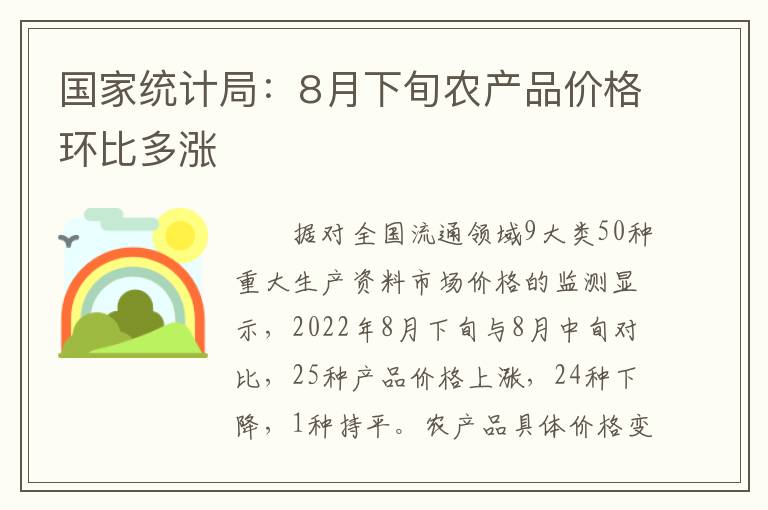 国家统计局：8月下旬农产品价格环比多涨