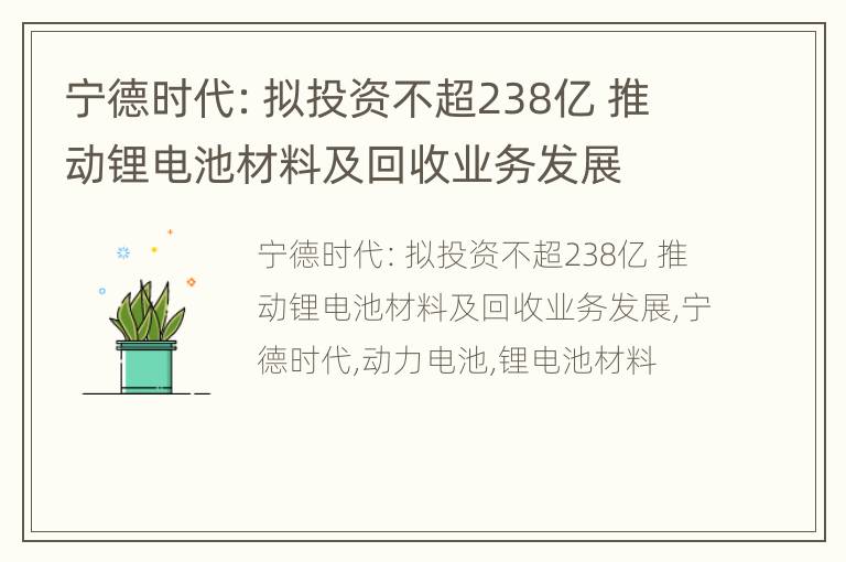 宁德时代：拟投资不超238亿 推动锂电池材料及回收业务发展