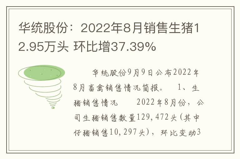 华统股份：2022年8月销售生猪12.95万头 环比增37.39%