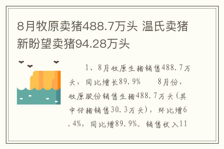8月牧原卖猪488.7万头 温氏卖猪新盼望卖猪94.28万头