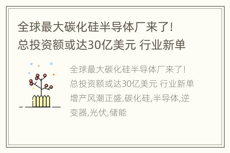 全球最大碳化硅半导体厂来了！总投资额或达30亿美元 行业新单增产风潮正盛