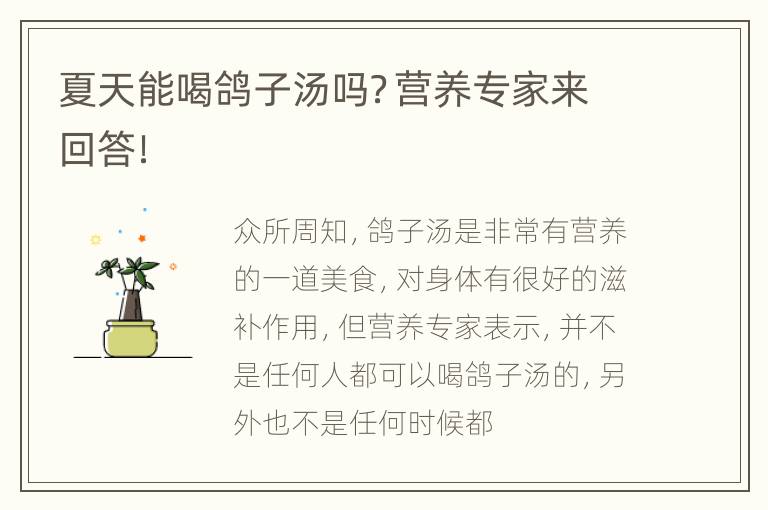 夏天能喝鸽子汤吗？营养专家来回答！