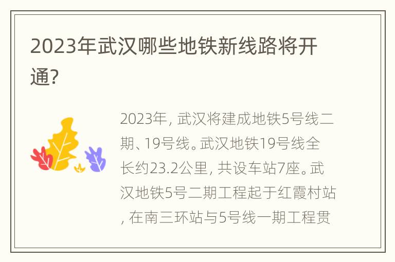 2023年武汉哪些地铁新线路将开通？