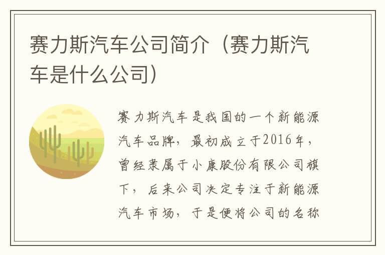 赛力斯汽车公司简介（赛力斯汽车是什么公司）