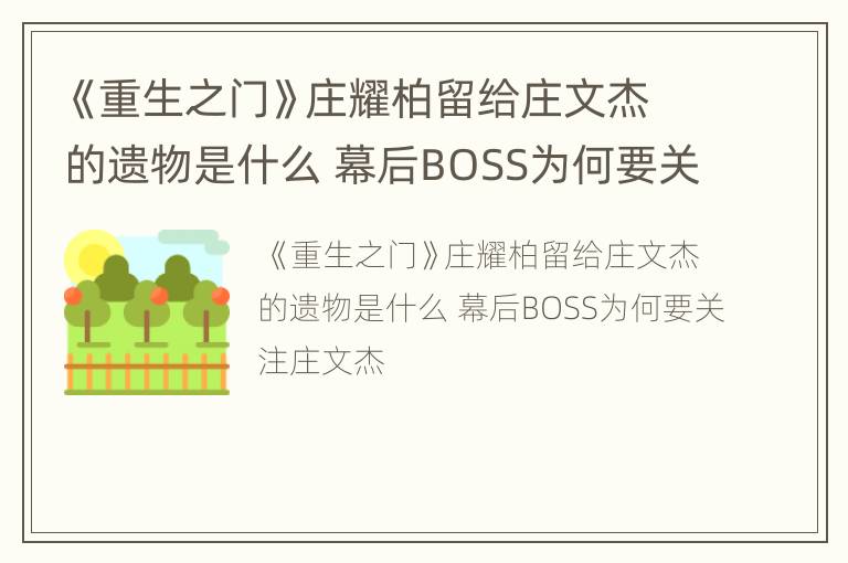 《重生之门》庄耀柏留给庄文杰的遗物是什么 幕后BOSS为何要关注庄文杰
