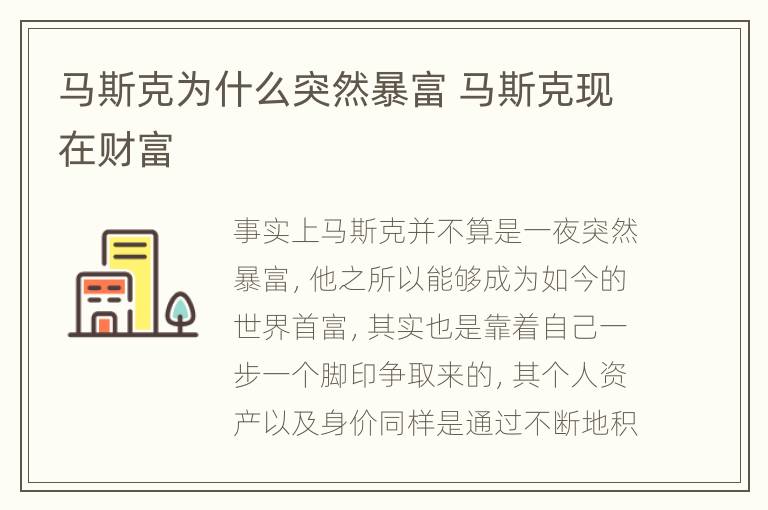 马斯克为什么突然暴富 马斯克现在财富